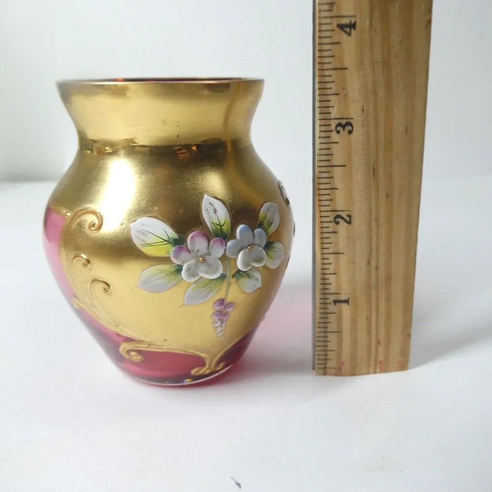 Cranberry Glass Vase Gold Flowers Bohemian Czech Vintage 3.5